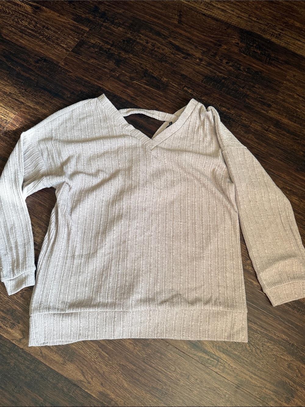 Doe & Rae Neutral Ribbed V-Neck Pullover with Back Strap & lace up back